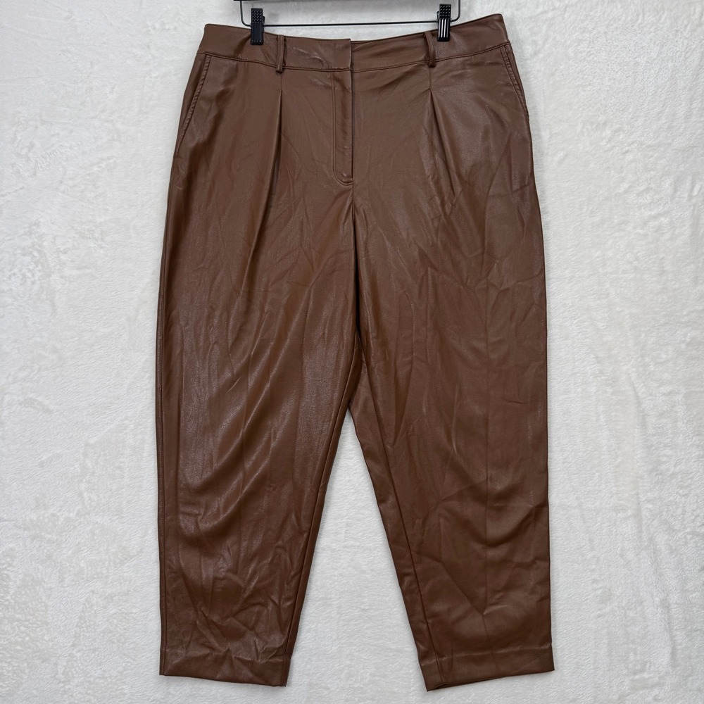 Calvin Klein Pants Womens 12 Brown Faux Leather Pleated Tapered Ankle